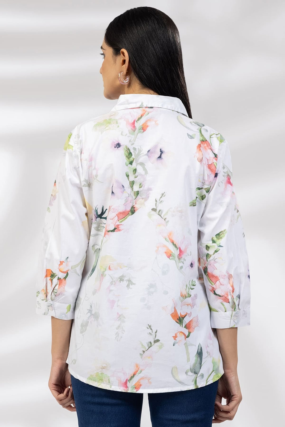 White Printed Poplin Shirt with Collared Neck
