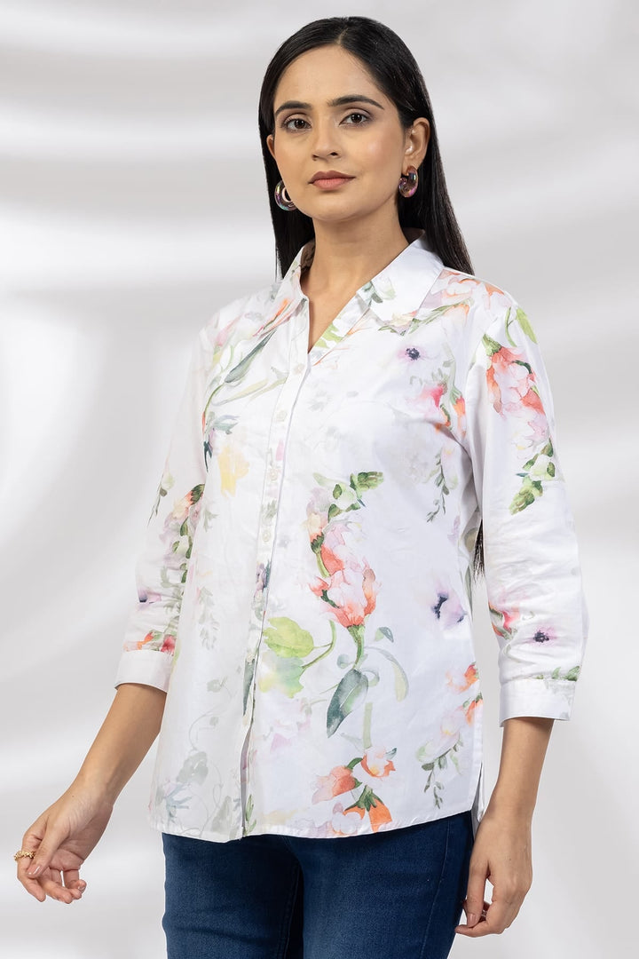 White Printed Poplin Shirt with Collared Neck