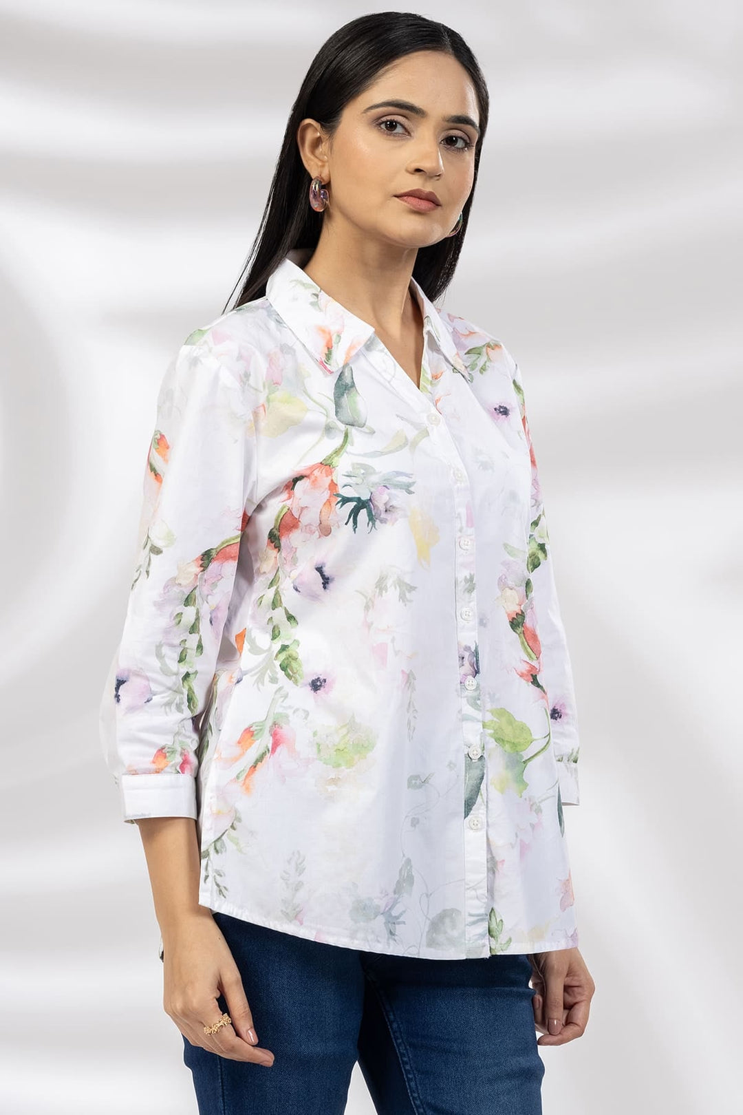 White Printed Poplin Shirt with Collared Neck
