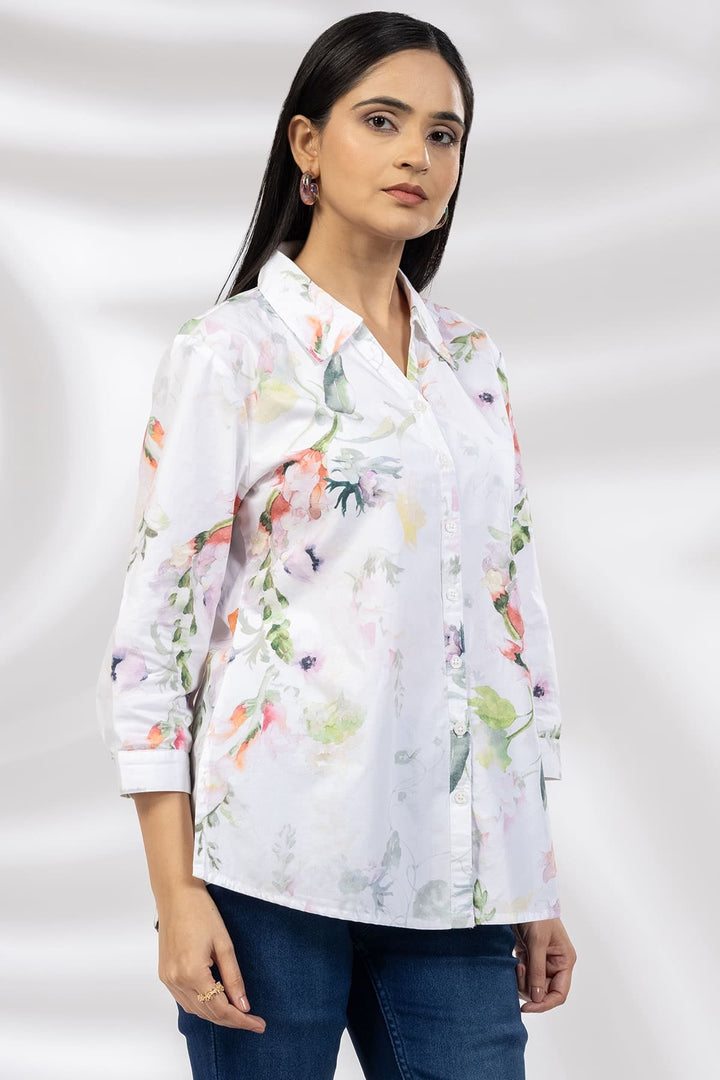 White Printed Poplin Shirt with Collared Neck
