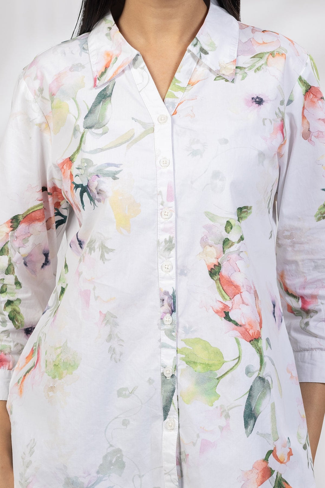 White Printed Poplin Shirt with Collared Neck