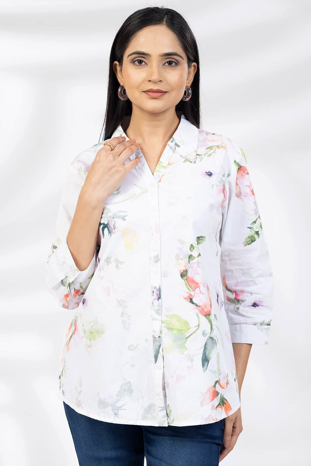 White Printed Poplin Shirt with Collared Neck