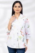 White Printed Poplin Shirt with Collared Neck