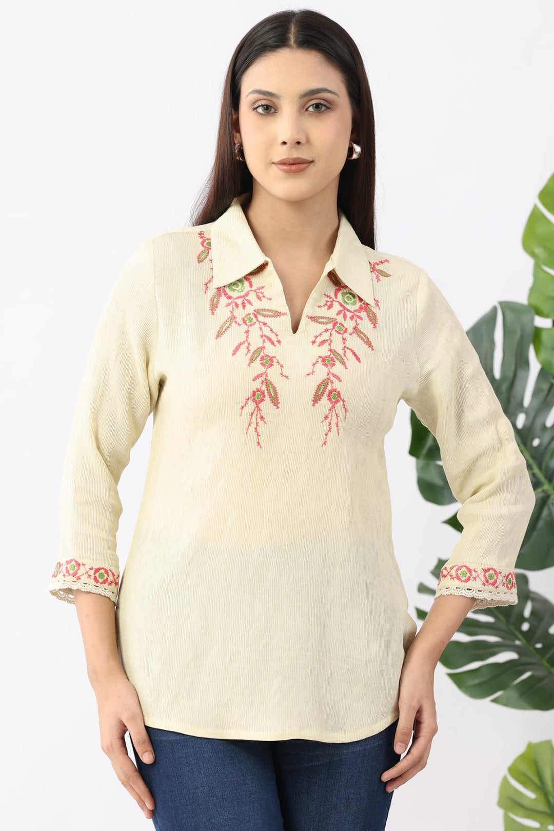 Embroidered Cream Viscose Top with Collared Neck &amp; 3/4 Sleeves