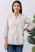 Printed White Cotton Shirt with Collared Neck & 3/4 Sleeves