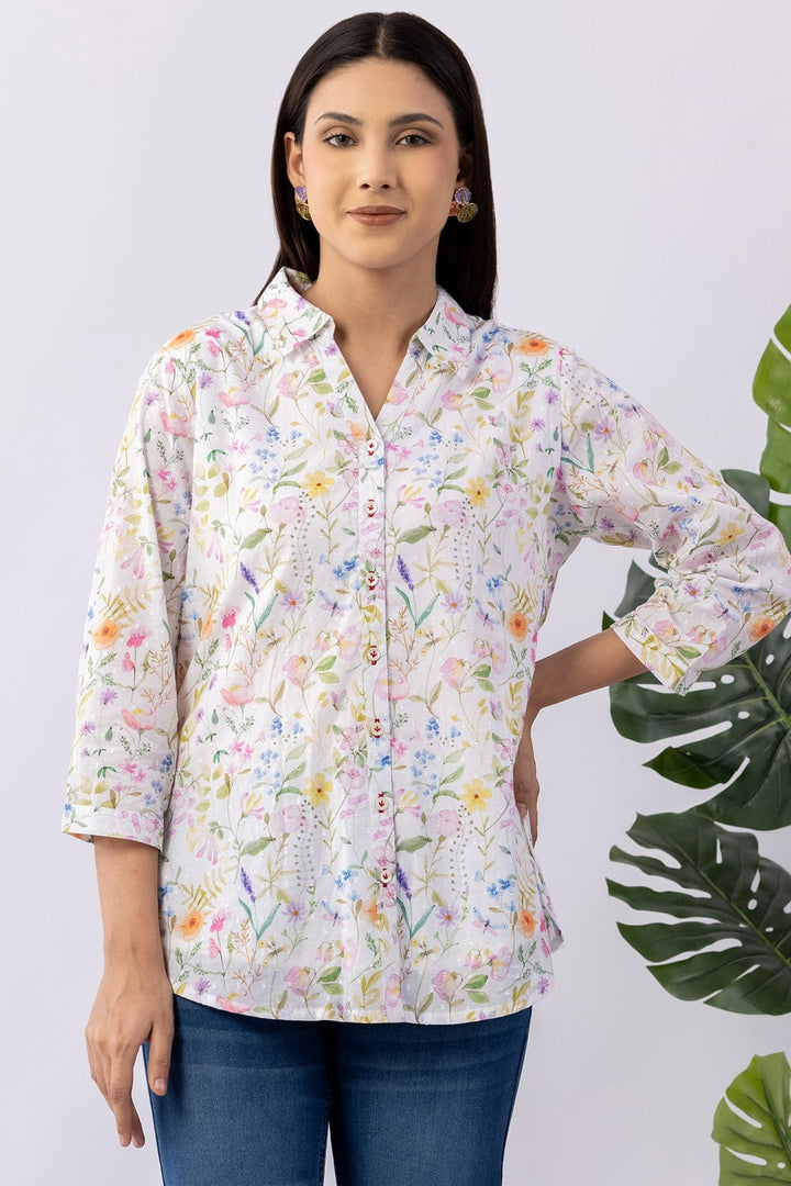 Printed White Cotton Shirt with Collared Neck &amp; 3/4 Sleeves