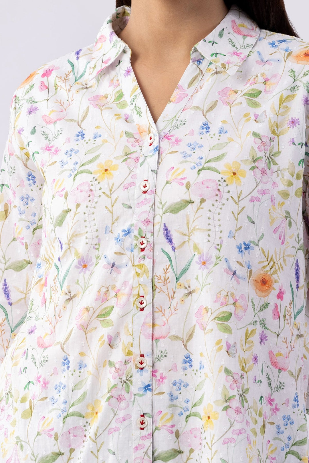 Printed White Cotton Shirt with Collared Neck &amp; 3/4 Sleeves
