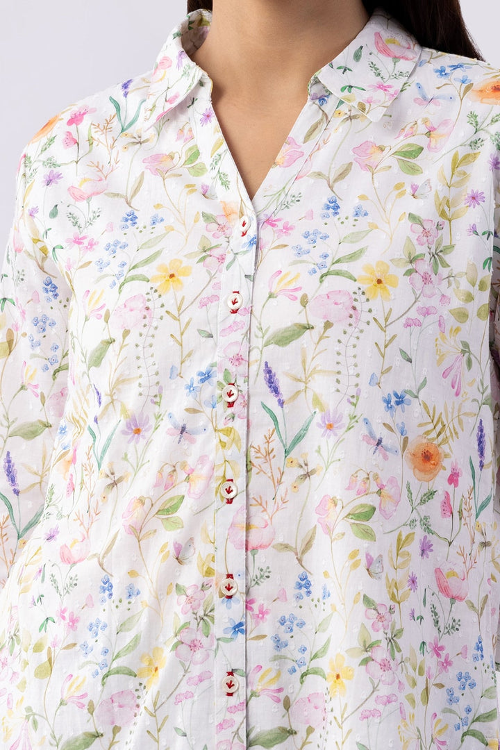 Printed White Cotton Shirt with Collared Neck &amp; 3/4 Sleeves