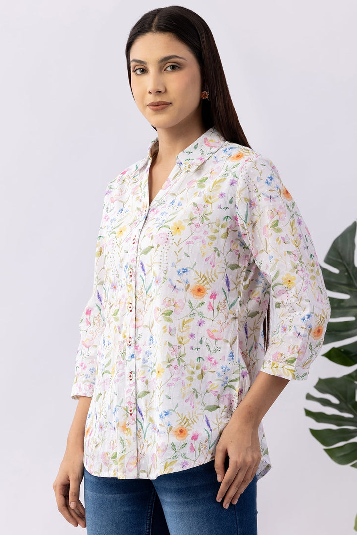 Printed White Cotton Shirt with Collared Neck &amp; 3/4 Sleeves