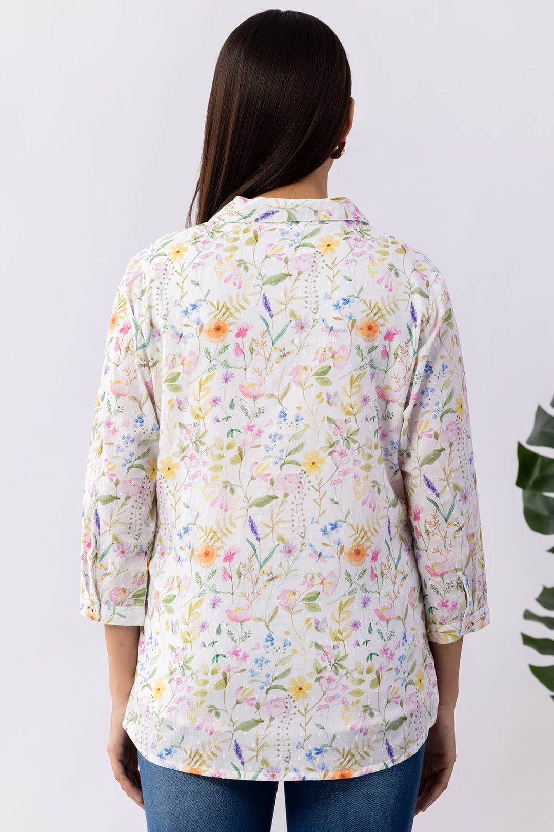 Printed White Cotton Shirt with Collared Neck &amp; 3/4 Sleeves
