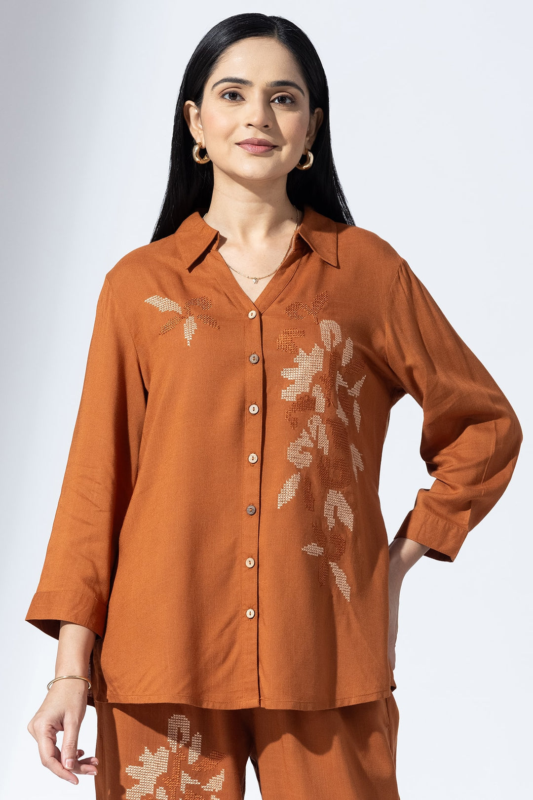 Embroidered Cinnamon Collared Co-Ord Shirt