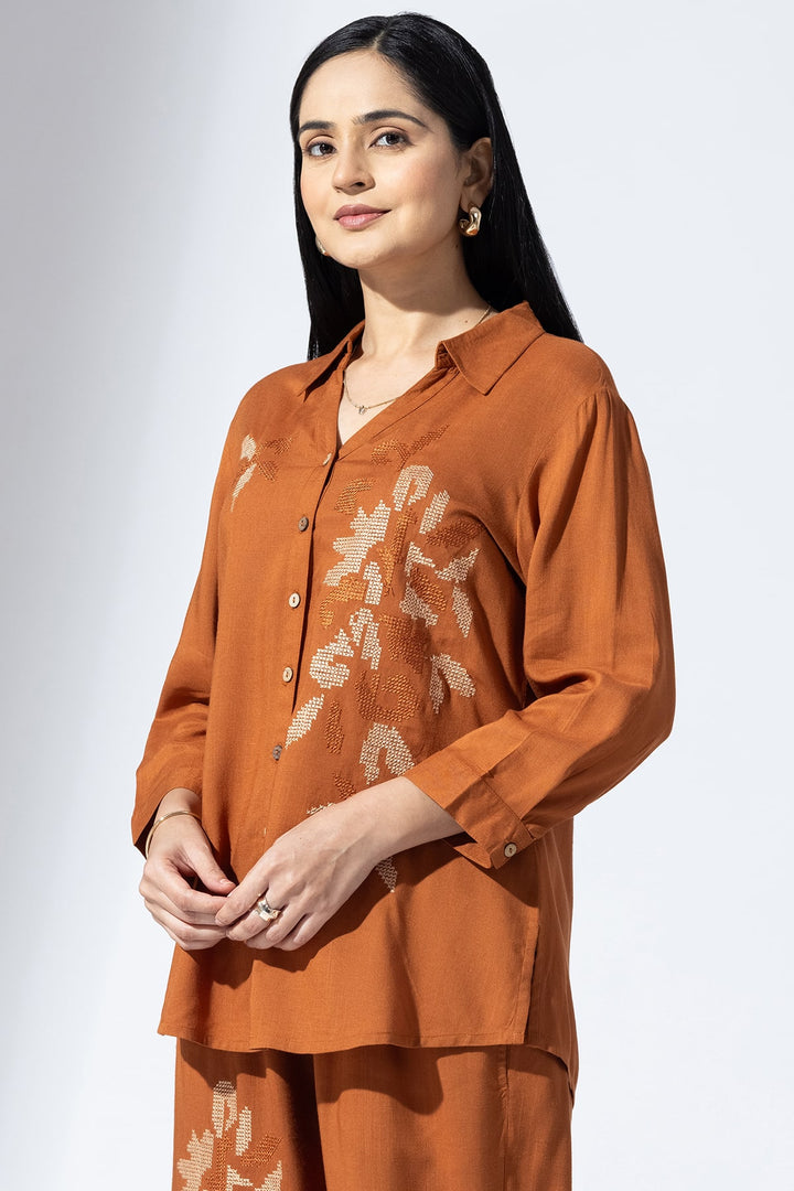 Embroidered Cinnamon Collared Co-Ord Shirt
