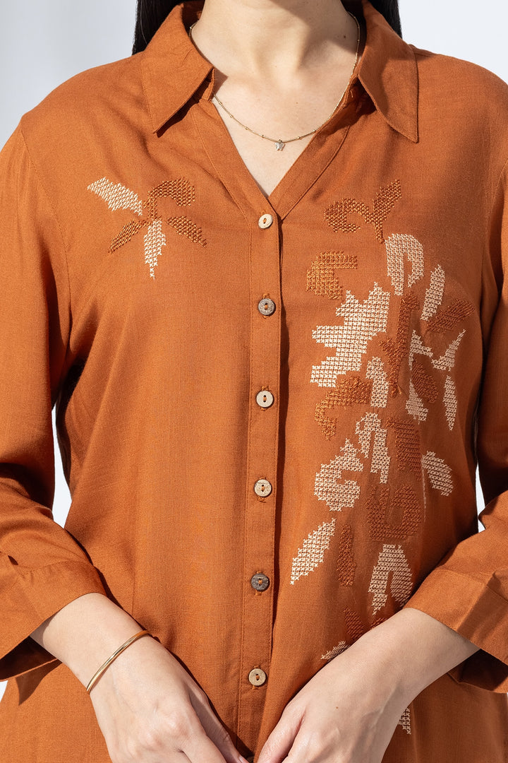 Embroidered Cinnamon Collared Co-Ord Shirt