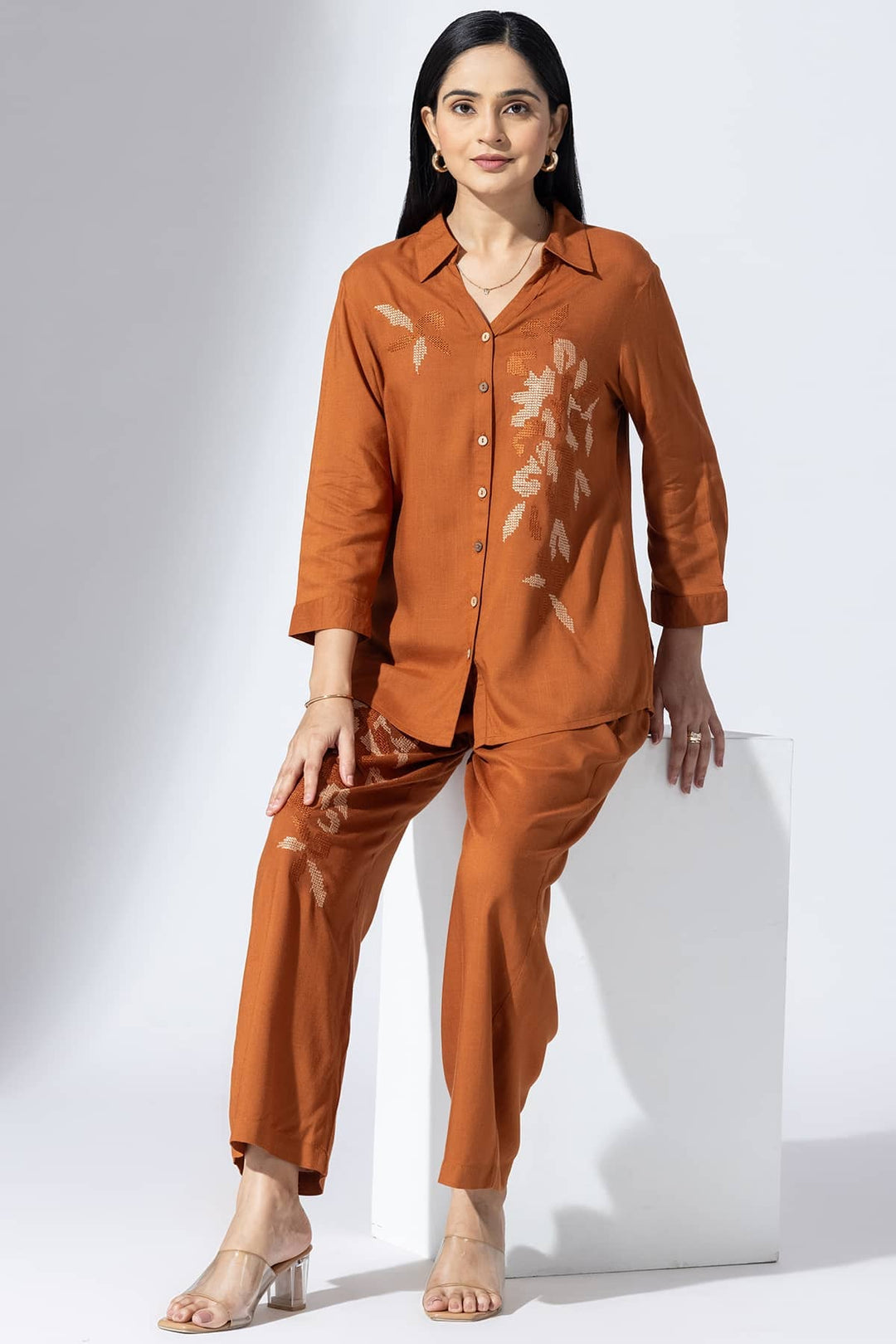 Embroidered Cinnamon Viscose Co-Ord Palazzo