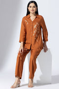Embroidered Cinnamon Collared Co-Ord Shirt