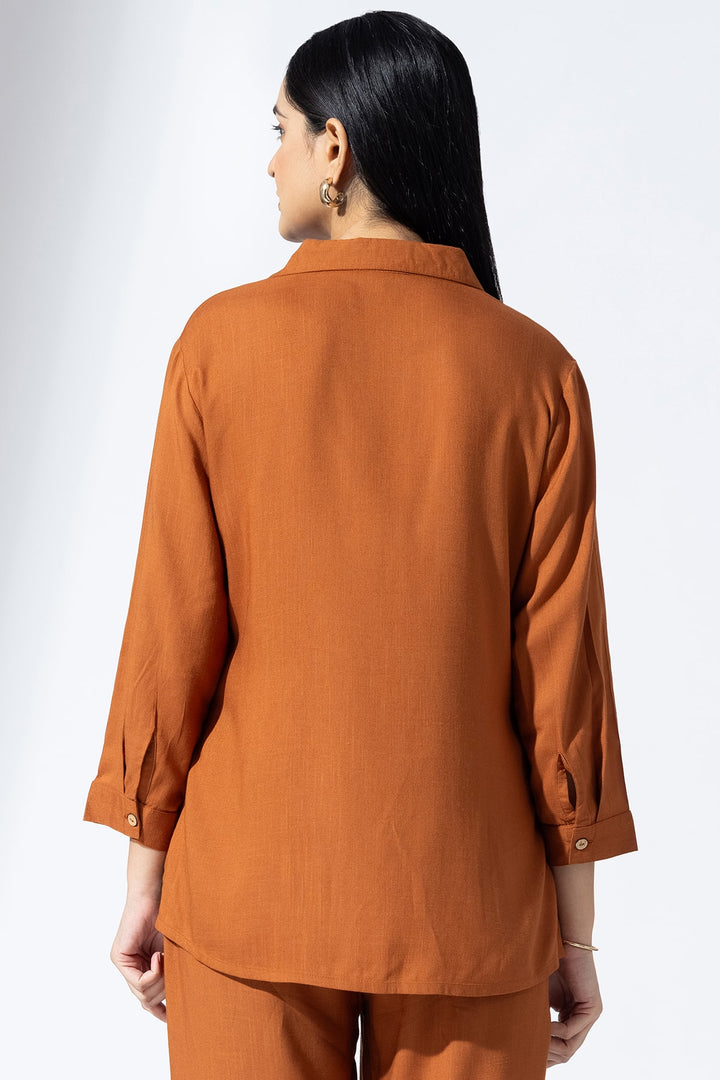 Embroidered Cinnamon Collared Co-Ord Shirt