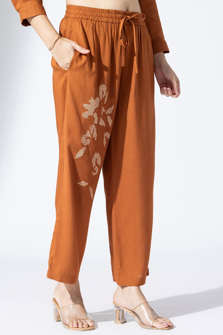 Embroidered Cinnamon Viscose Co-Ord Palazzo