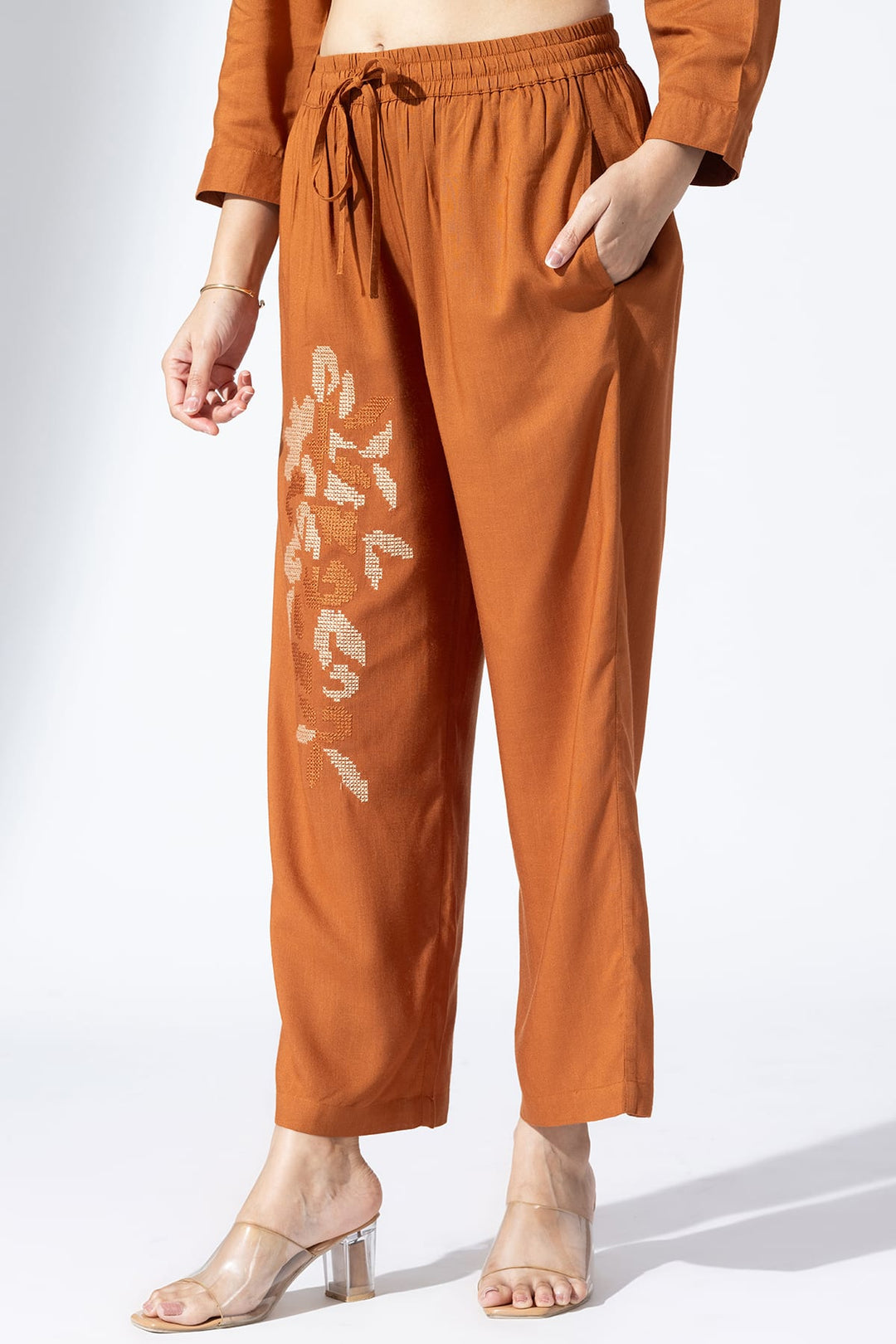 Embroidered Cinnamon Viscose Co-Ord Palazzo