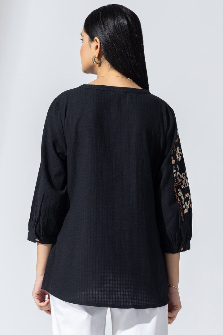 Black Embroidered Viscose Casual Top with Round Neck