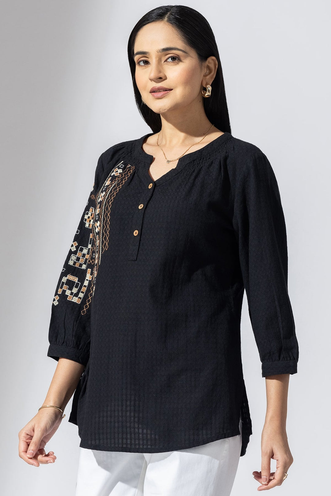 Black Embroidered Viscose Casual Top with Round Neck