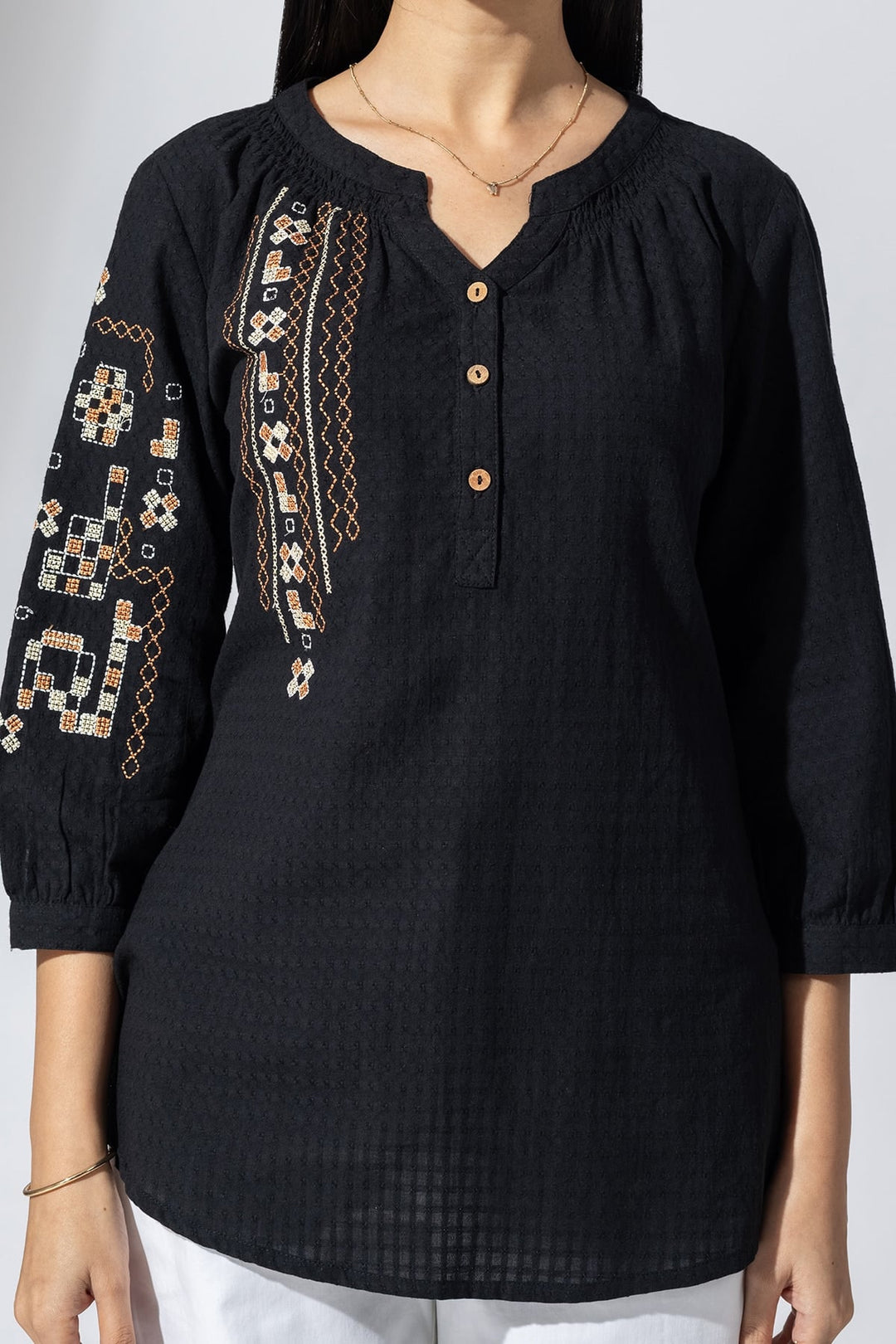 Black Embroidered Viscose Casual Top with Round Neck