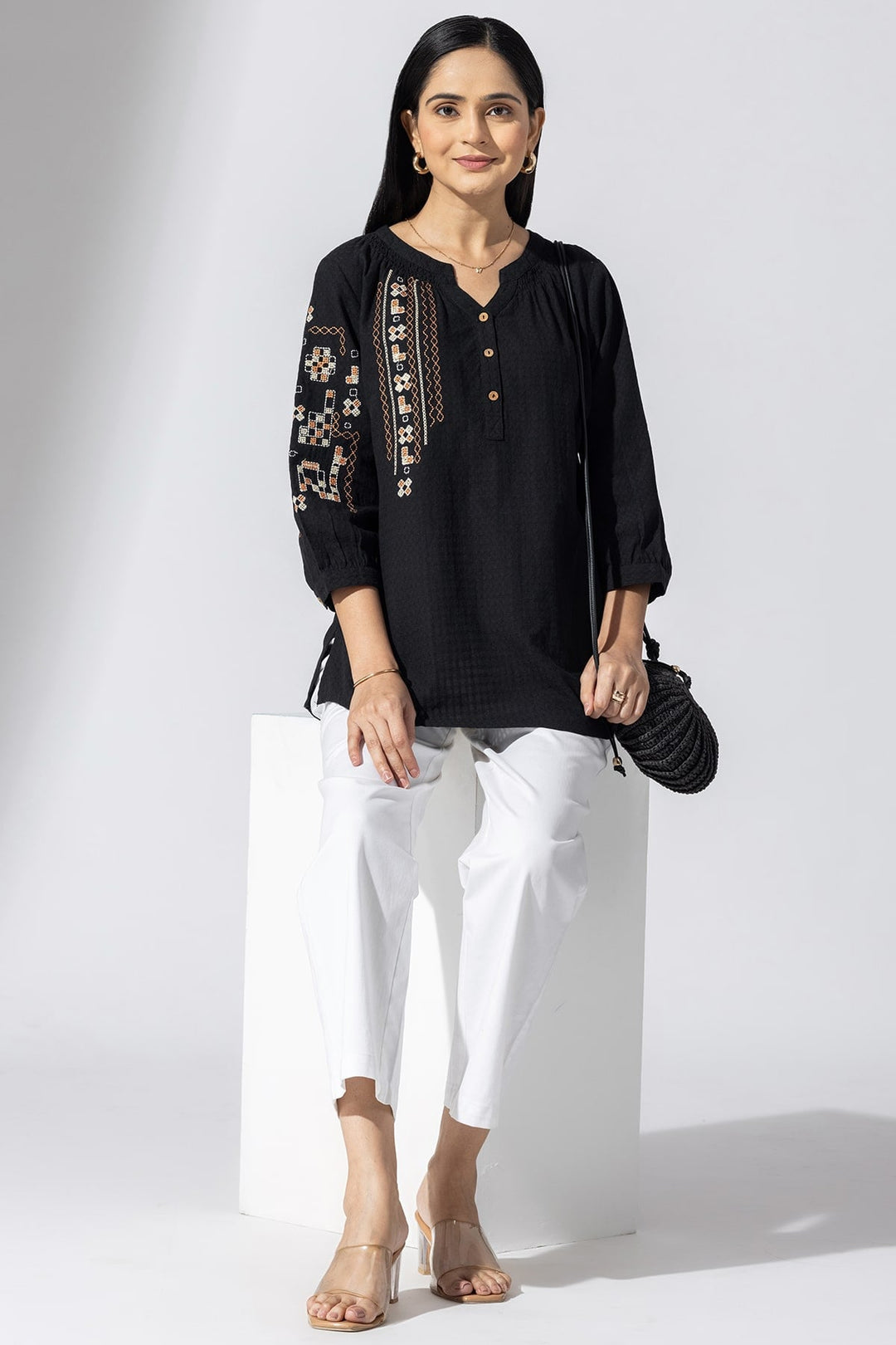 Black Embroidered Viscose Casual Top with Round Neck