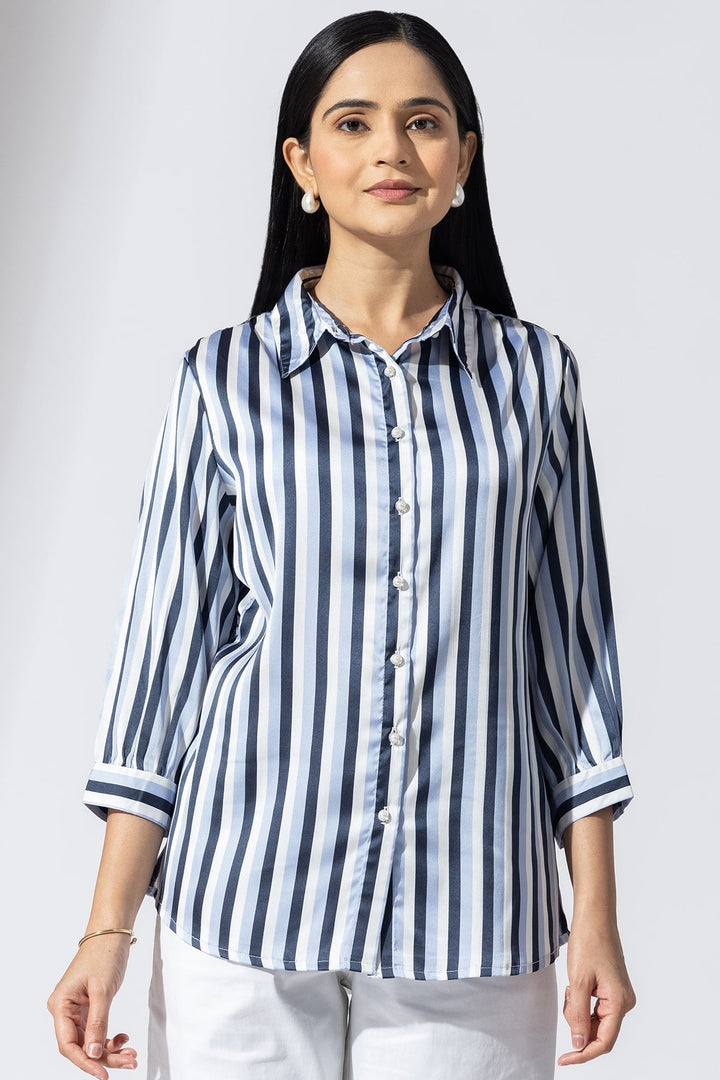 Blue Striped Shirt with Collar and 3/4th Sleeves