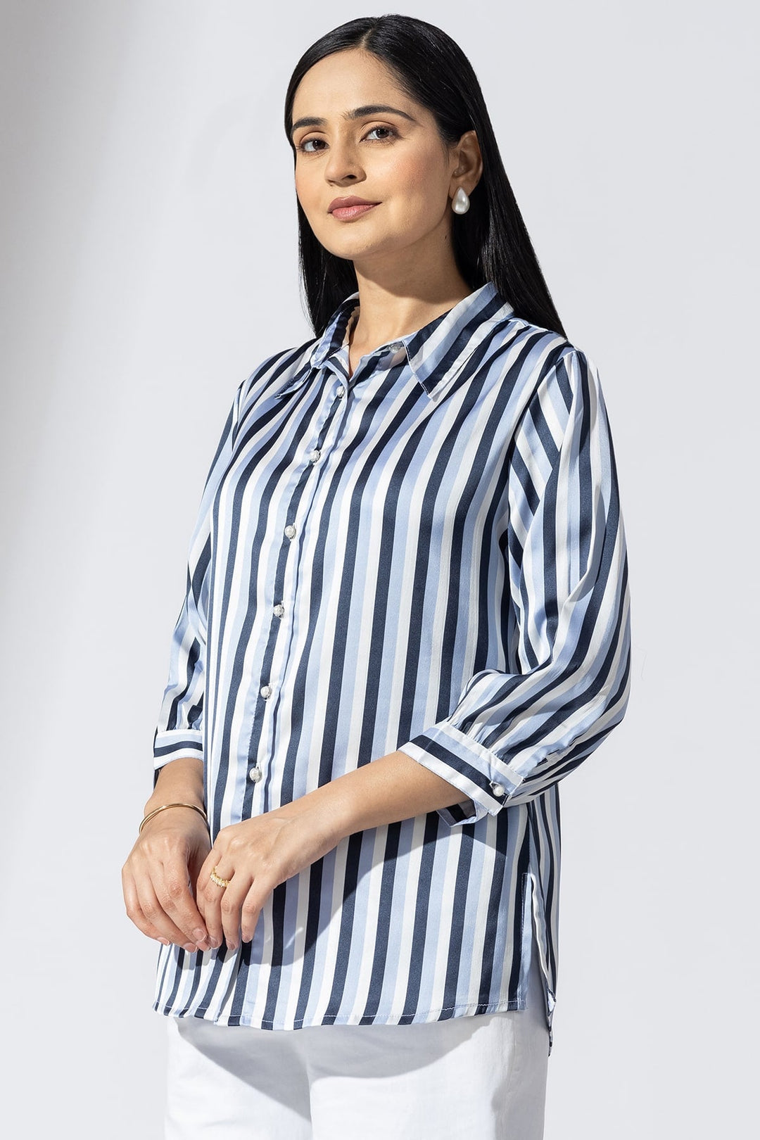 Blue Striped Shirt with Collar and 3/4th Sleeves