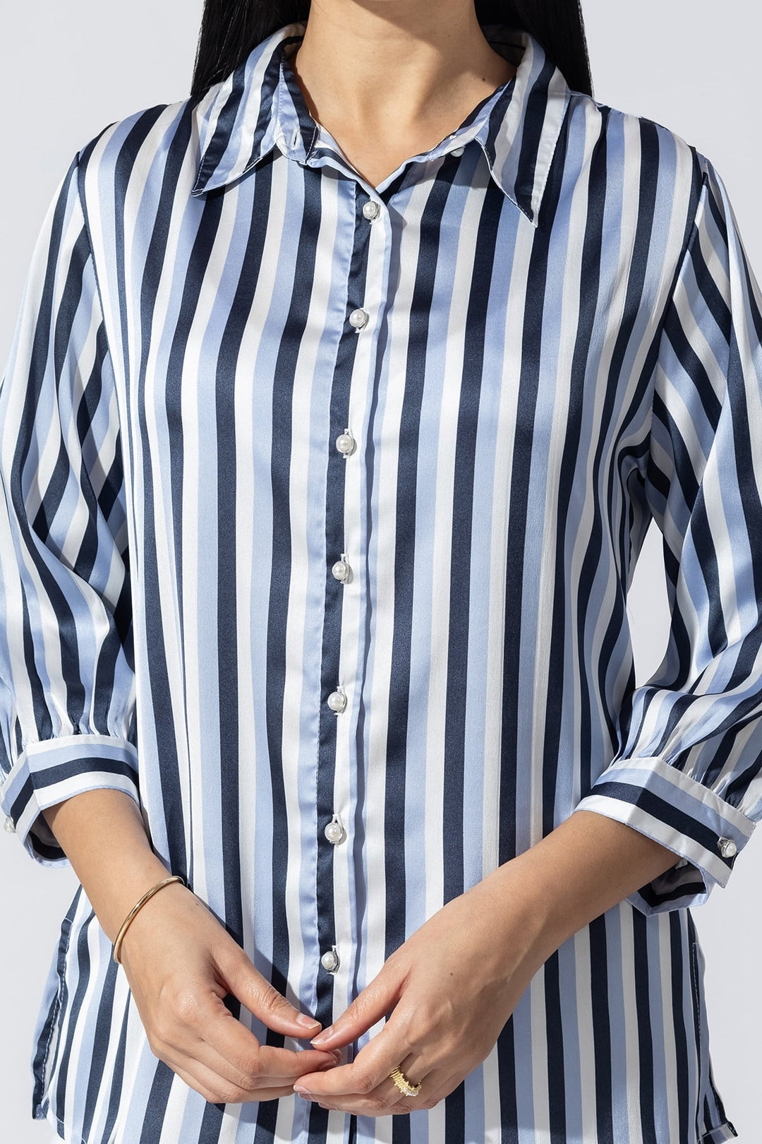 Blue Striped Shirt with Collar and 3/4th Sleeves