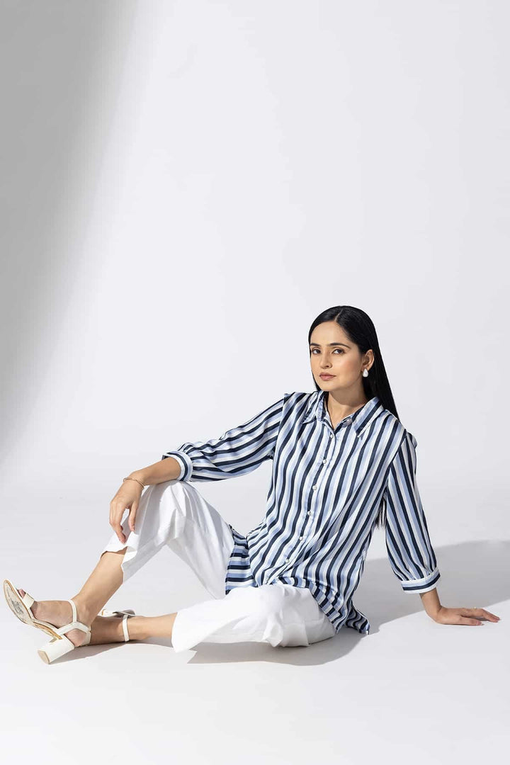 Blue Striped Shirt with Collar and 3/4th Sleeves