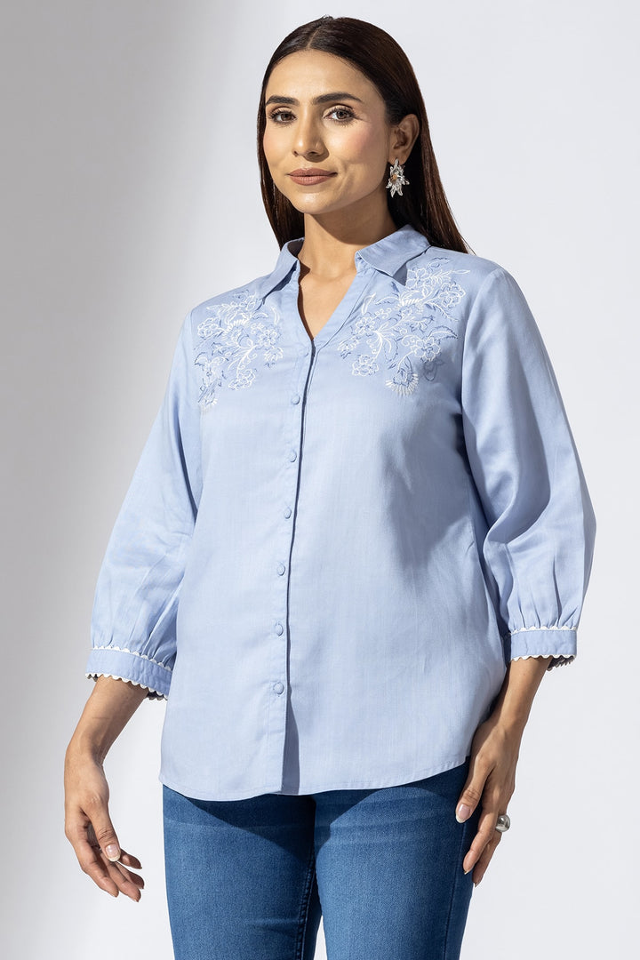 Blue Embroidered Viscose Shirt with Collar and 3/4th Sleeves