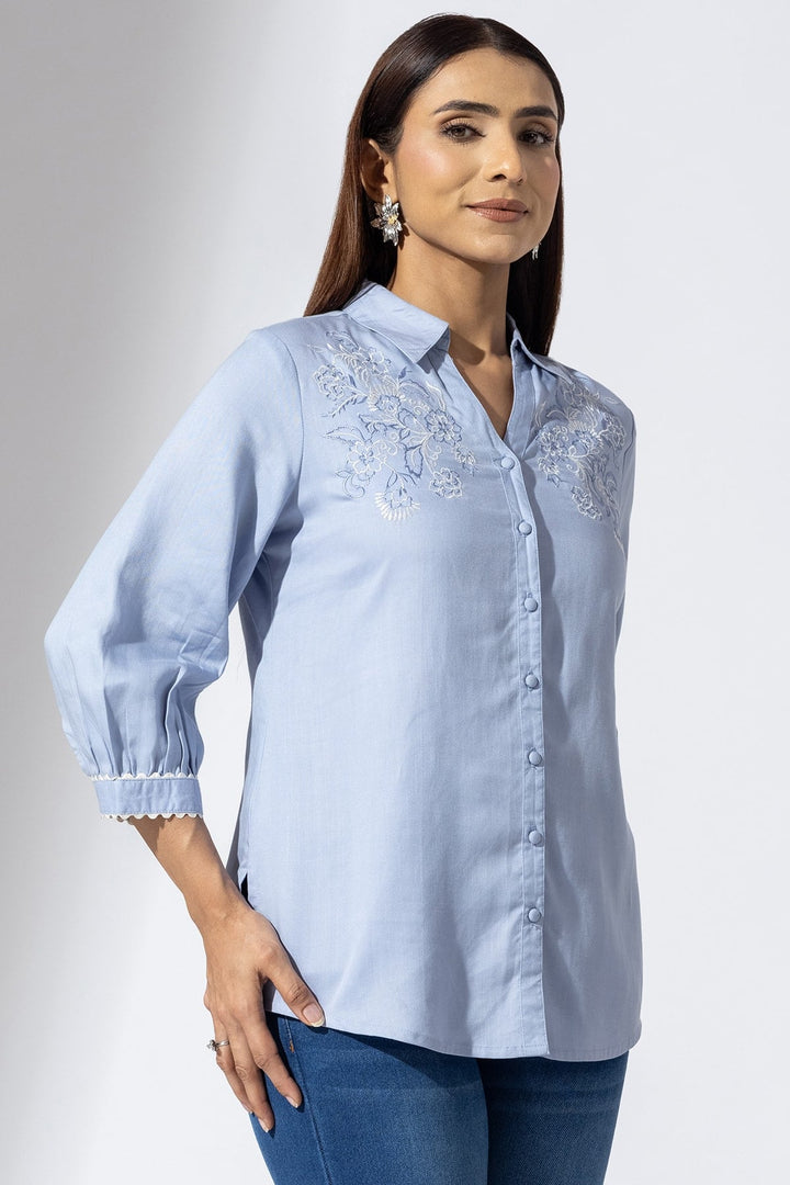 Blue Embroidered Viscose Shirt with Collar and 3/4th Sleeves