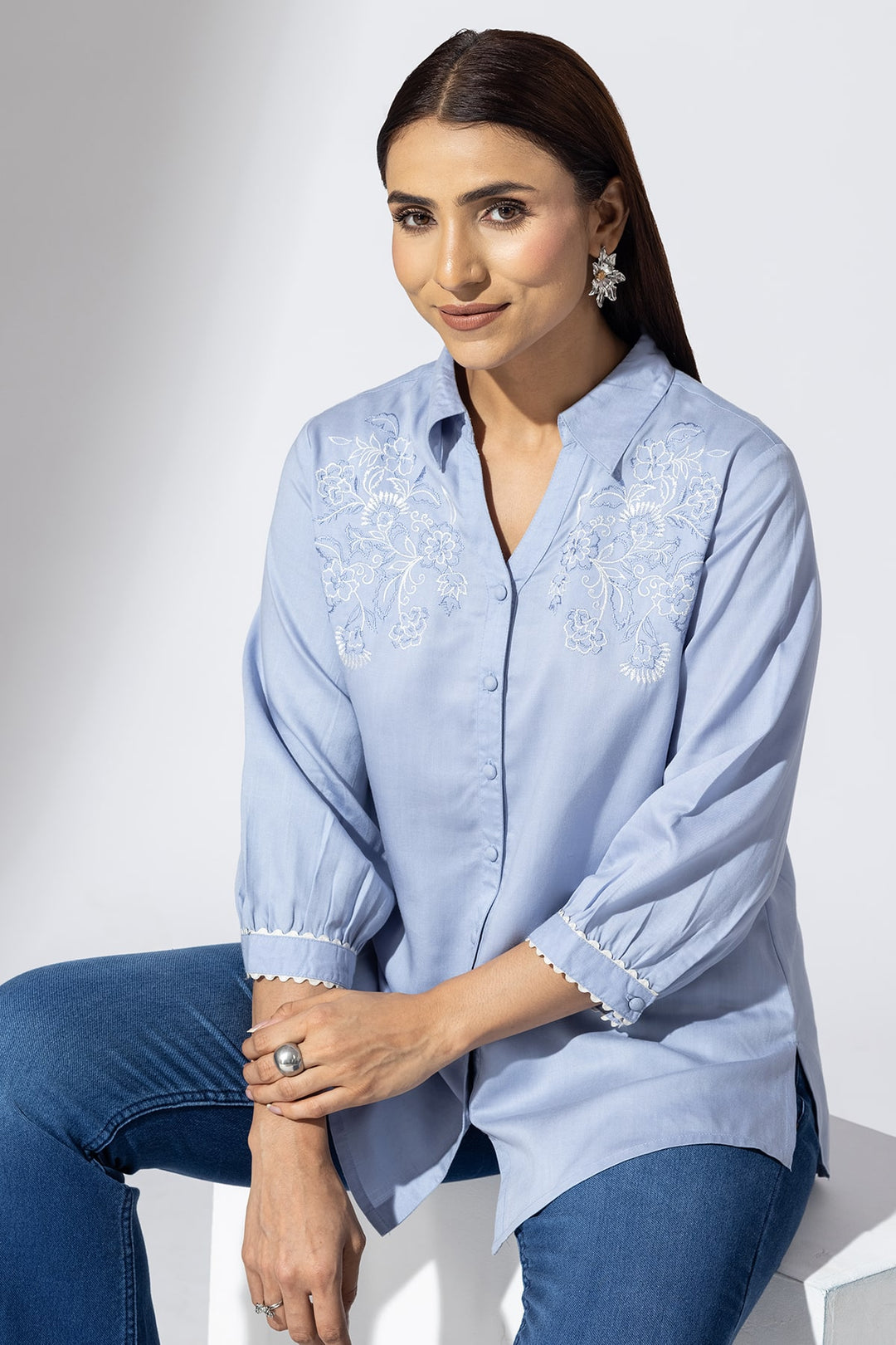 Blue Embroidered Viscose Shirt with Collar and 3/4th Sleeves