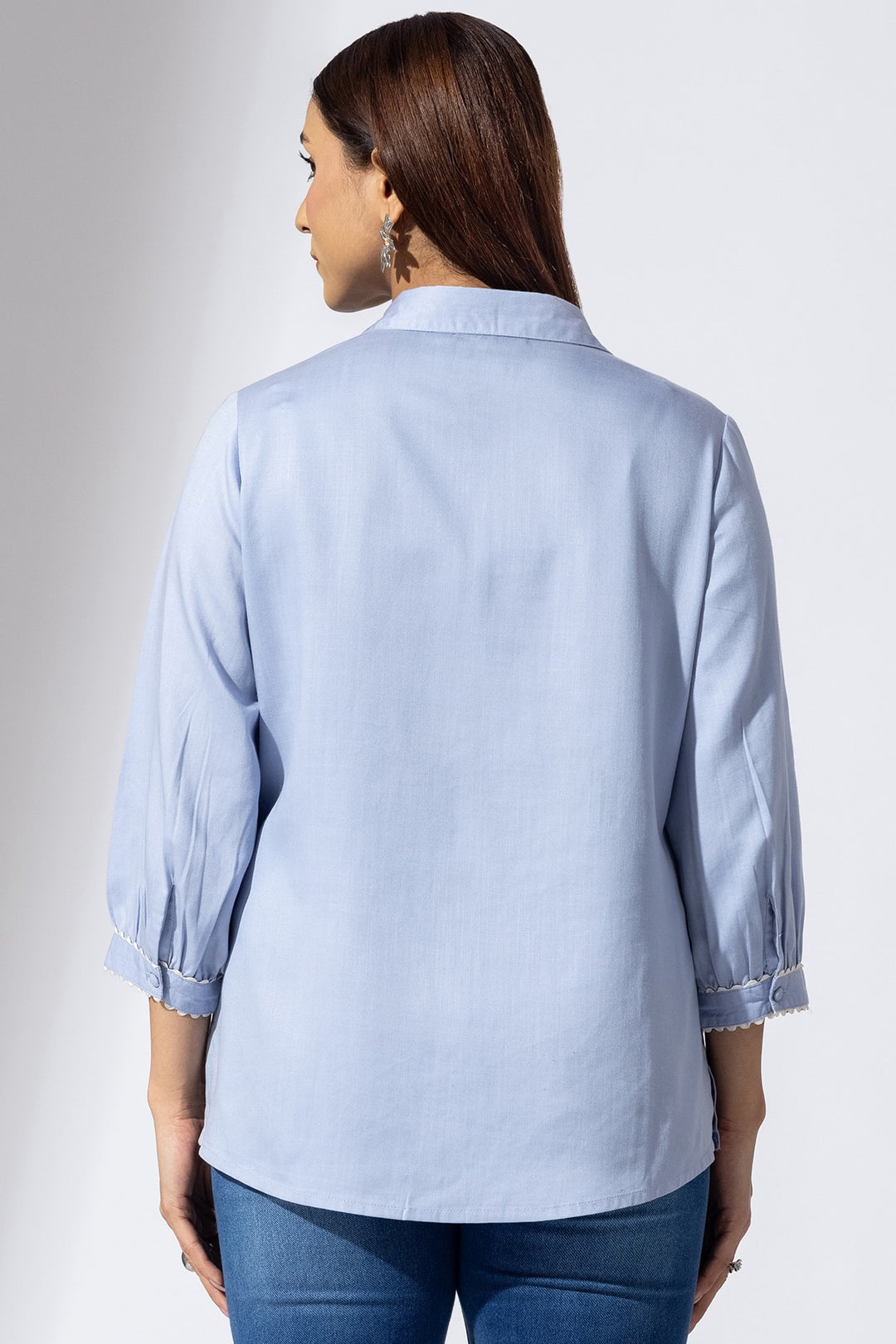 Blue Embroidered Viscose Shirt with Collar and 3/4th Sleeves
