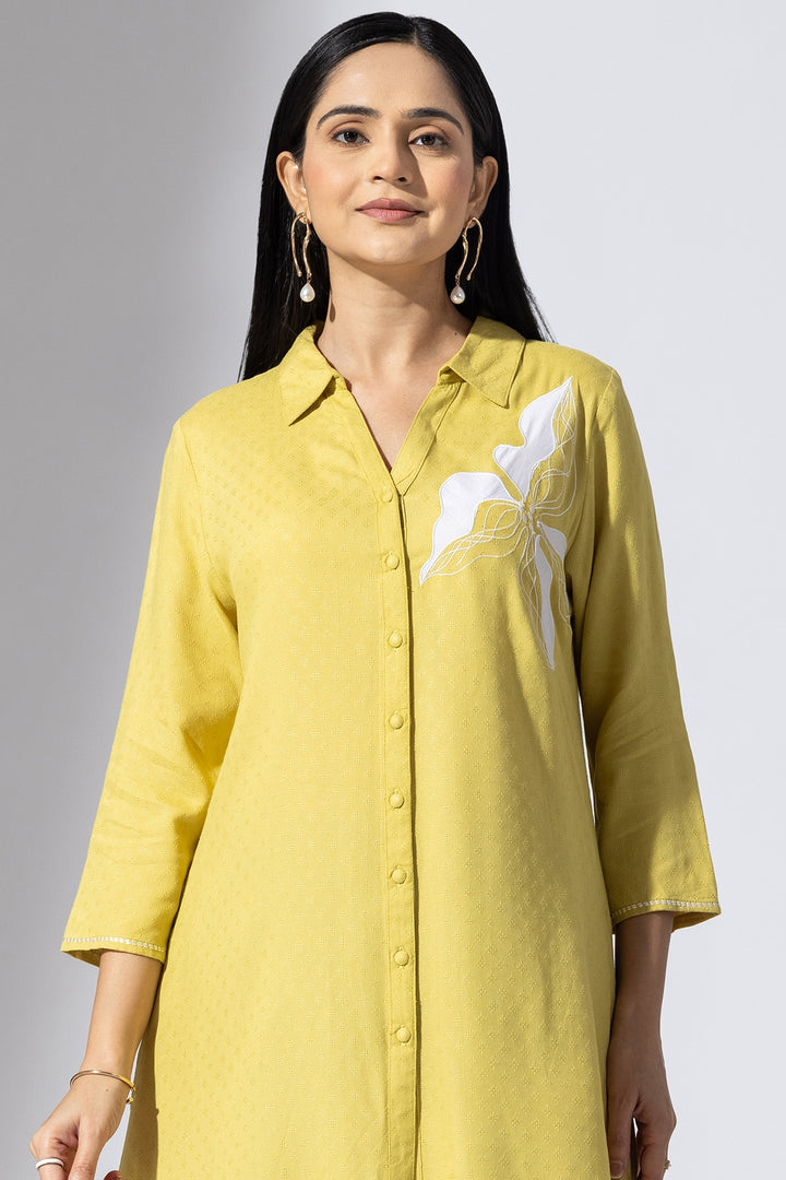 Mustard Embroidered Viscose Tunic with Collar