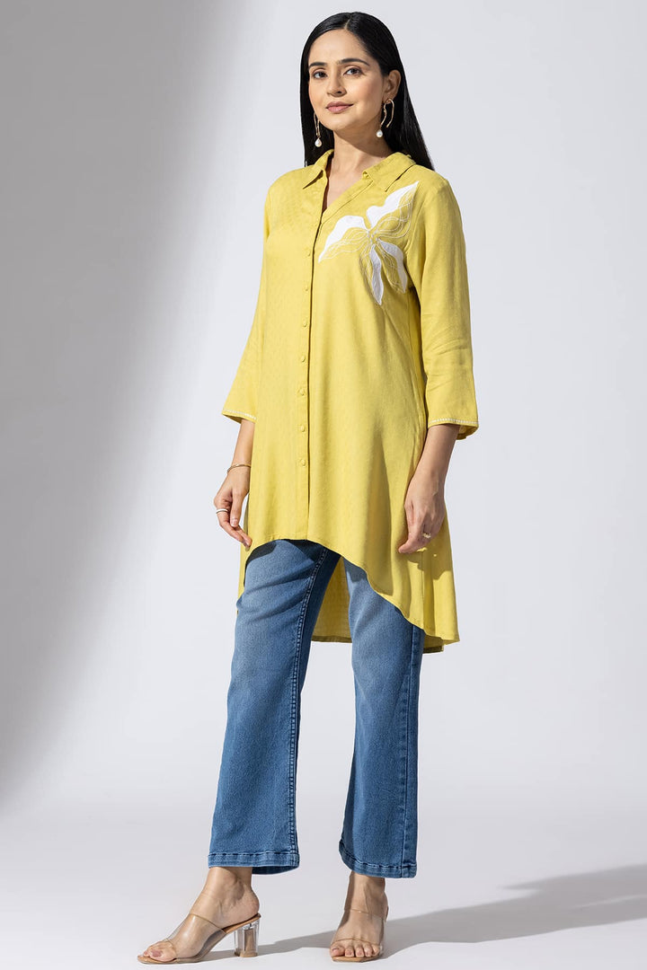 Mustard Embroidered Viscose Tunic with Collar