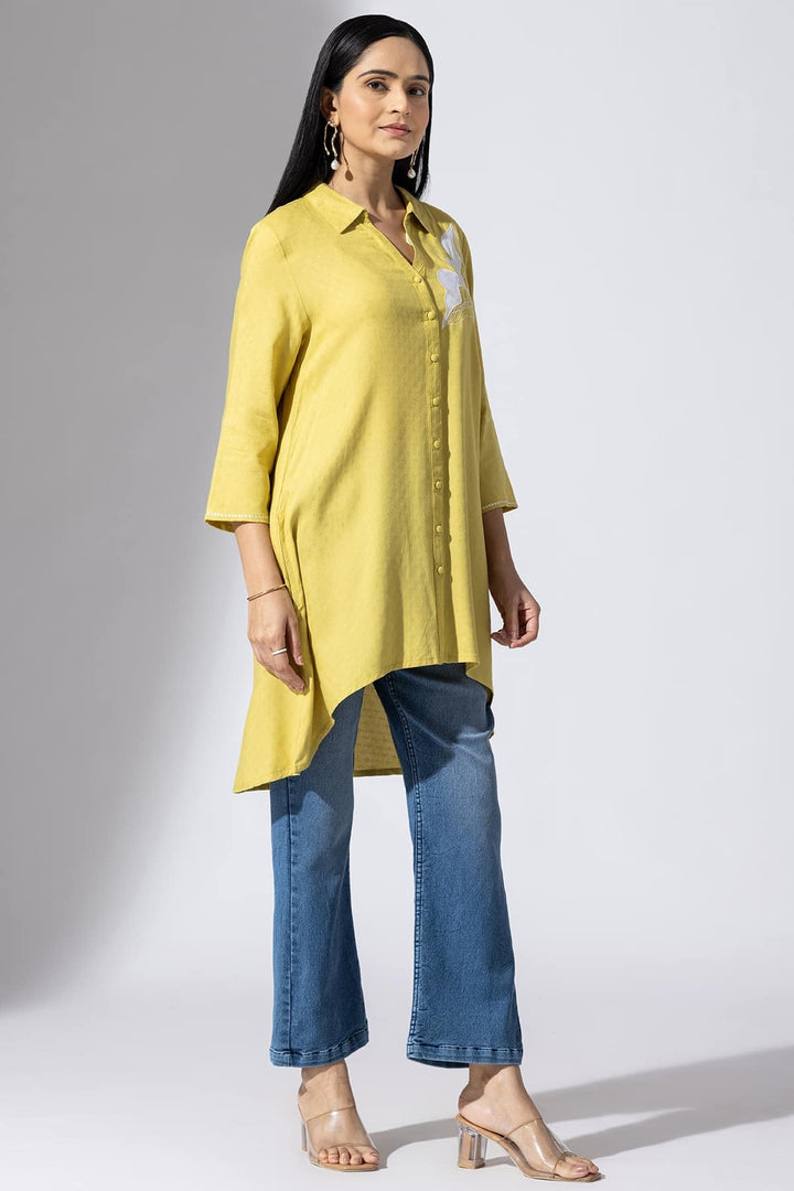 Mustard Embroidered Viscose Tunic with Collar