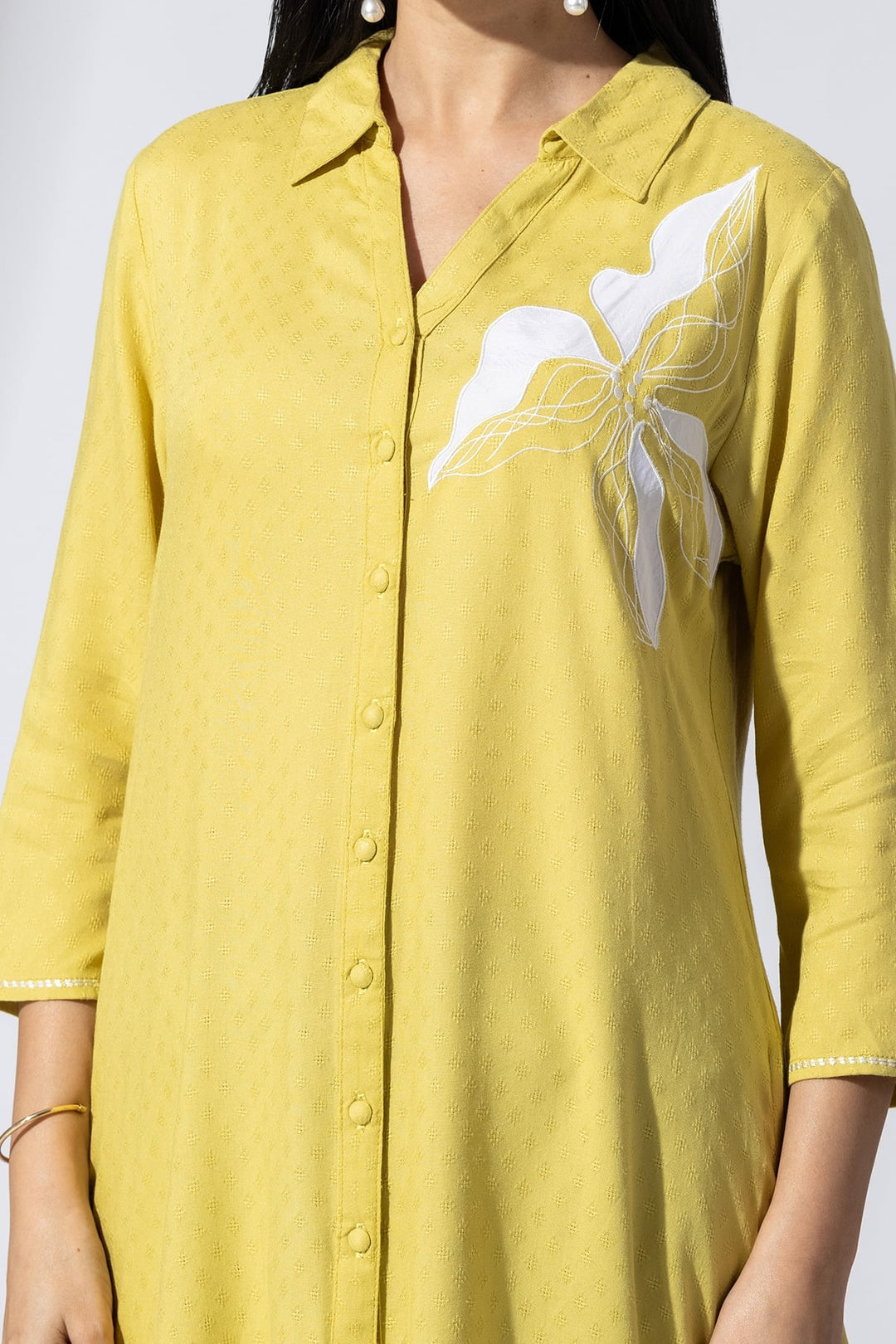 Mustard Embroidered Viscose Tunic with Collar