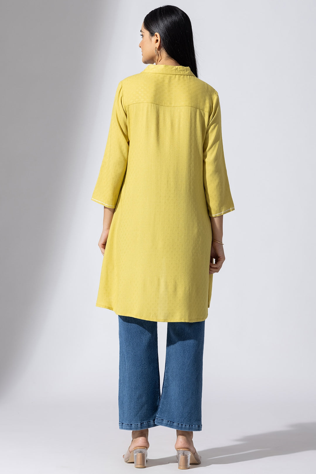 Mustard Embroidered Viscose Tunic with Collar