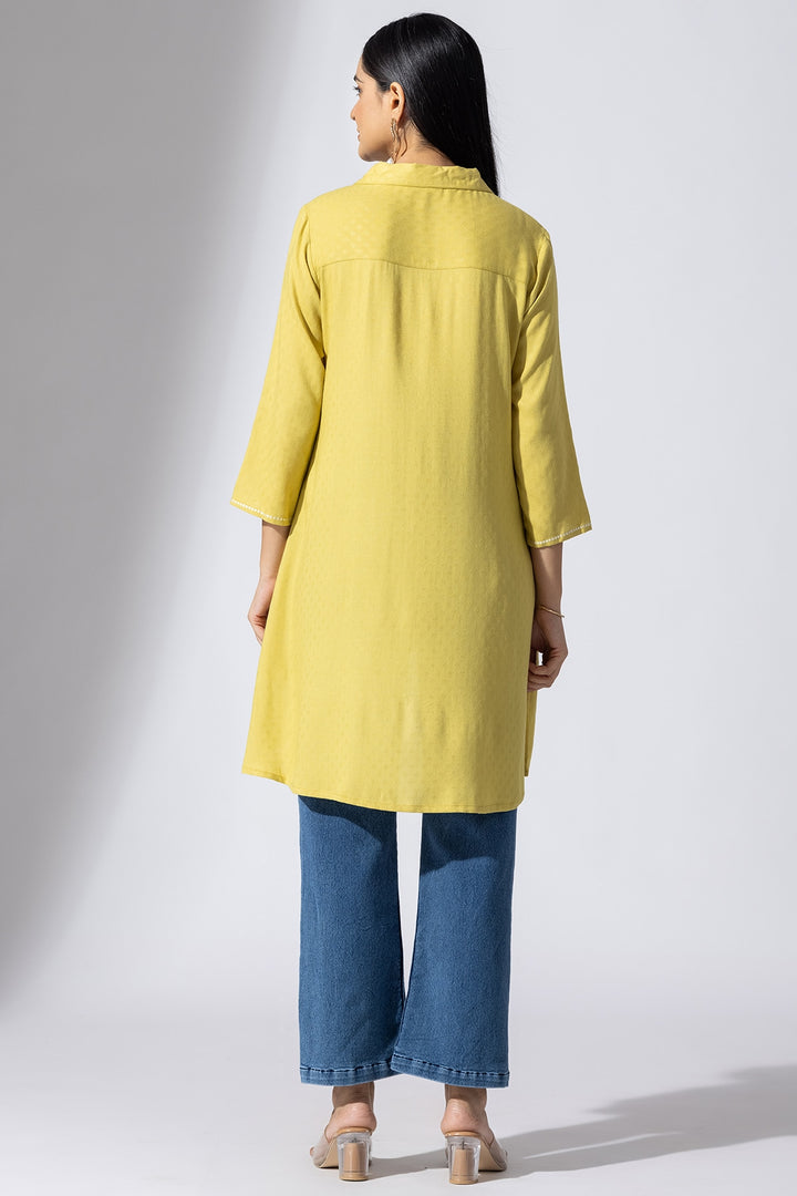 Mustard Embroidered Viscose Tunic with Collar