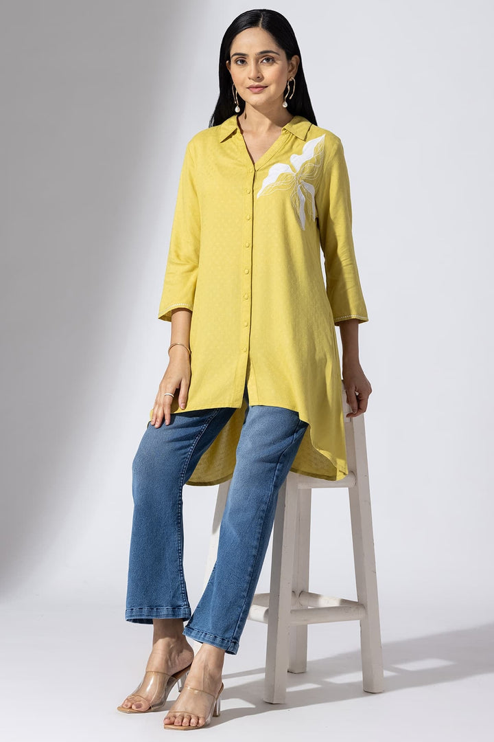 Mustard Embroidered Viscose Tunic with Collar