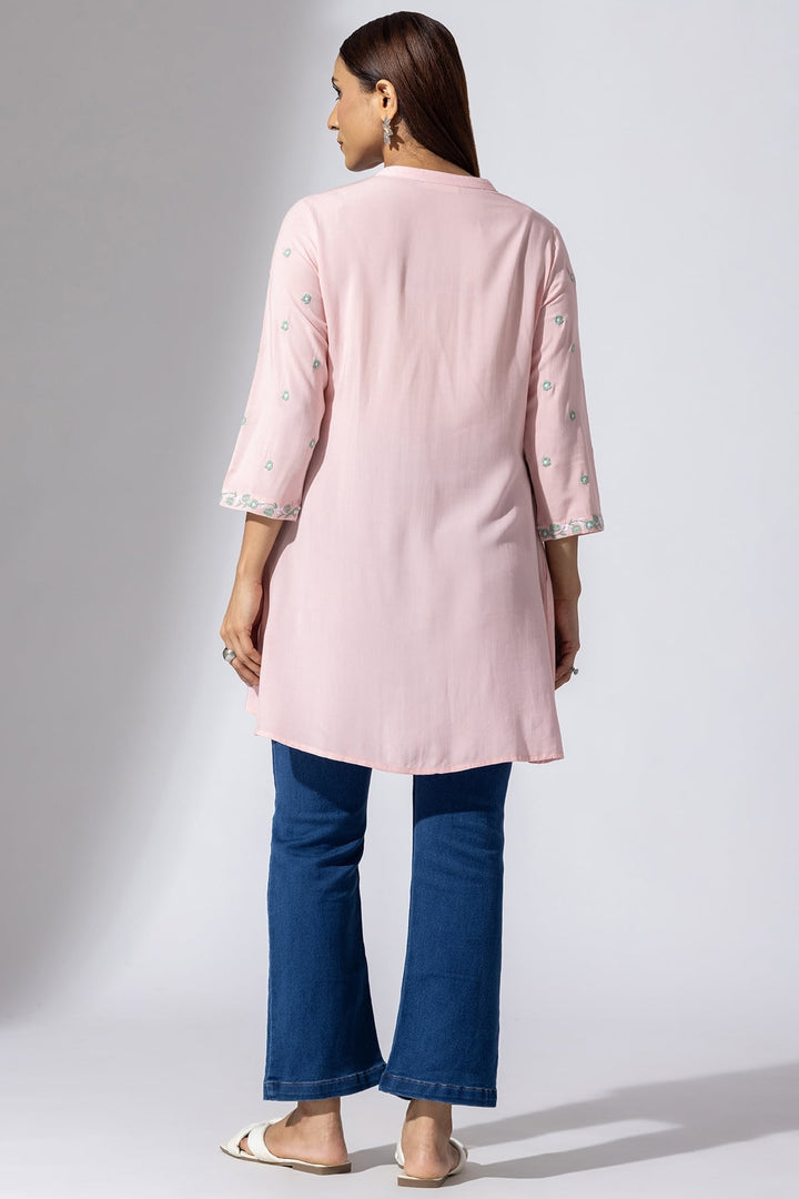 Pink Embroidered Viscose Tunic with Mandarin Collar