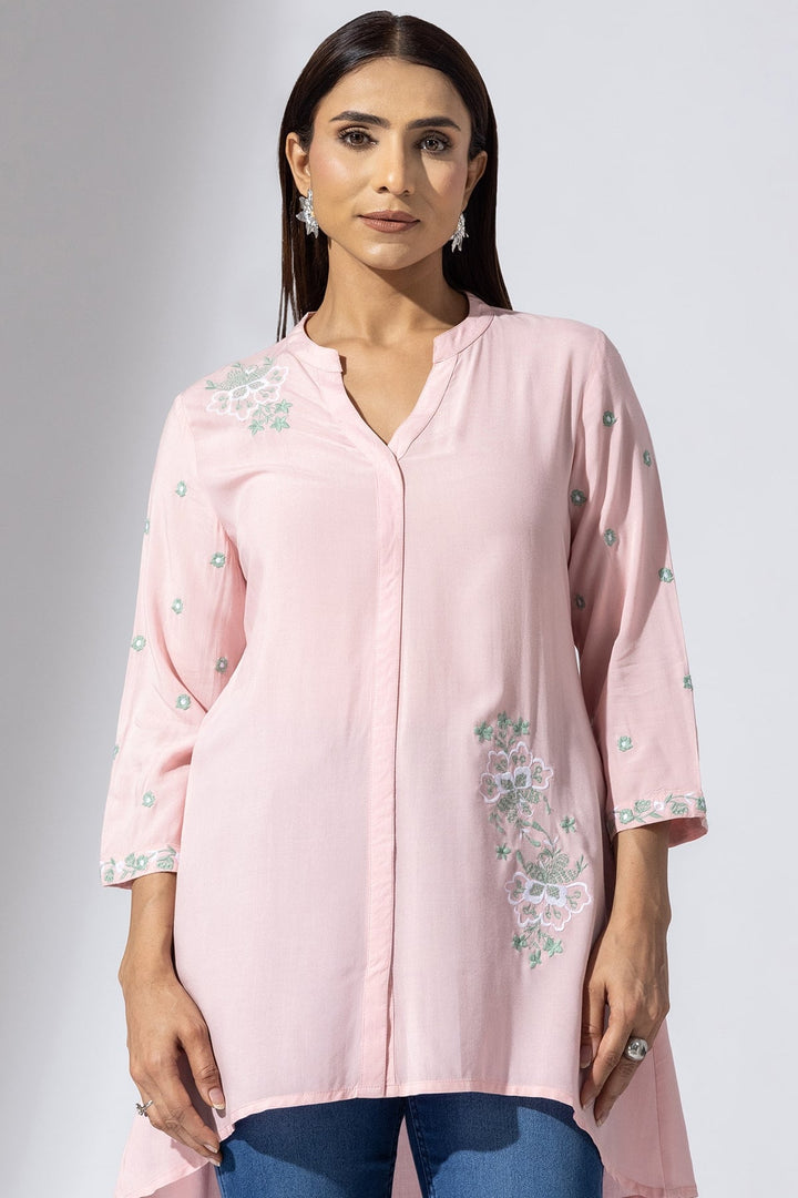 Pink Embroidered Viscose Tunic with Mandarin Collar