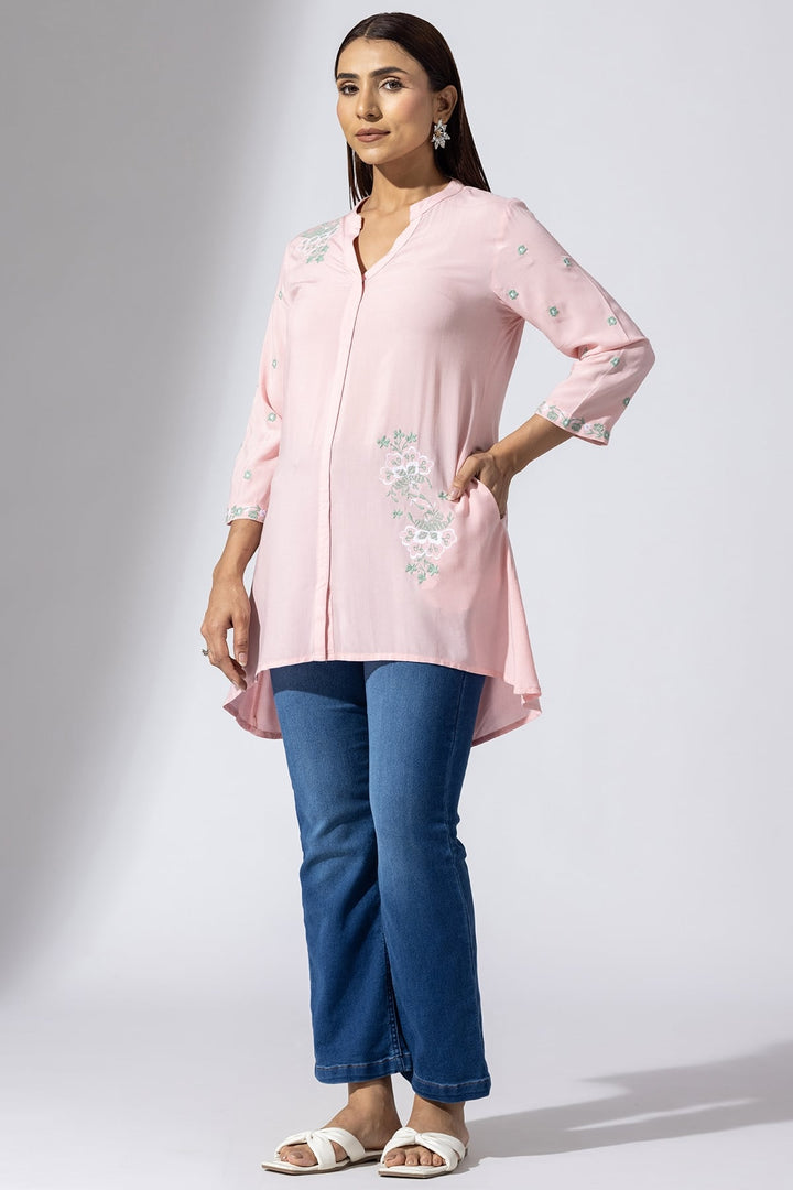 Pink Embroidered Viscose Tunic with Mandarin Collar