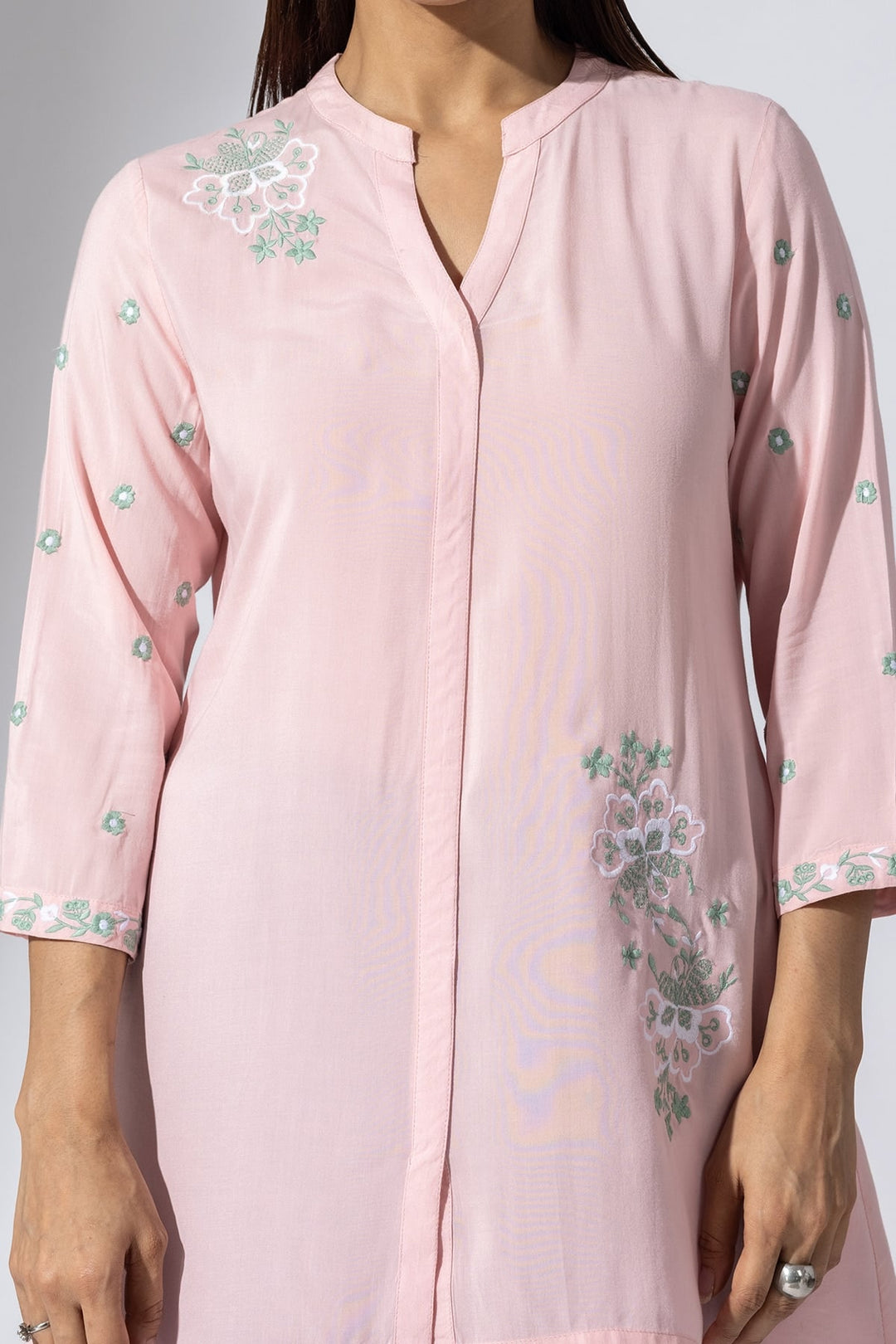 Pink Embroidered Viscose Tunic with Mandarin Collar