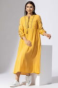 Mustard Embroidered Viscose Casual Dress with Round Neck