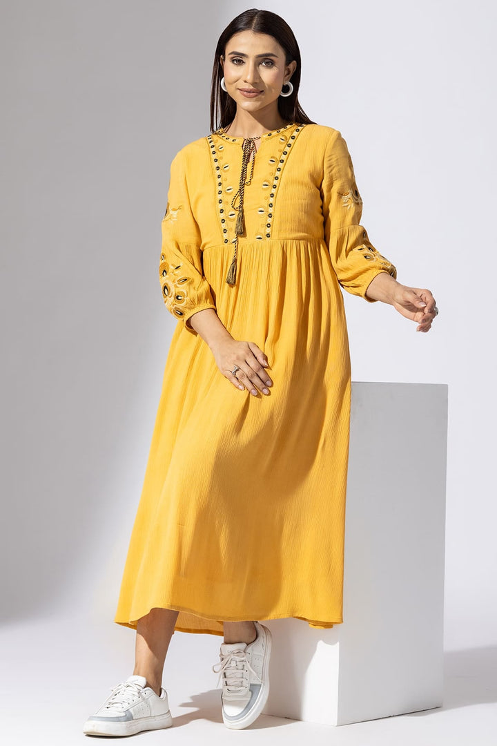 Mustard Embroidered Viscose Casual Dress with Round Neck