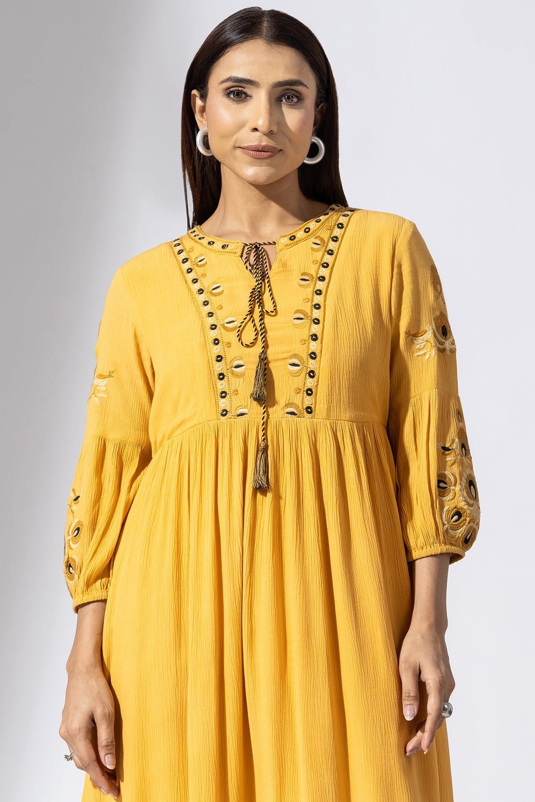 Mustard Embroidered Viscose Casual Dress with Round Neck