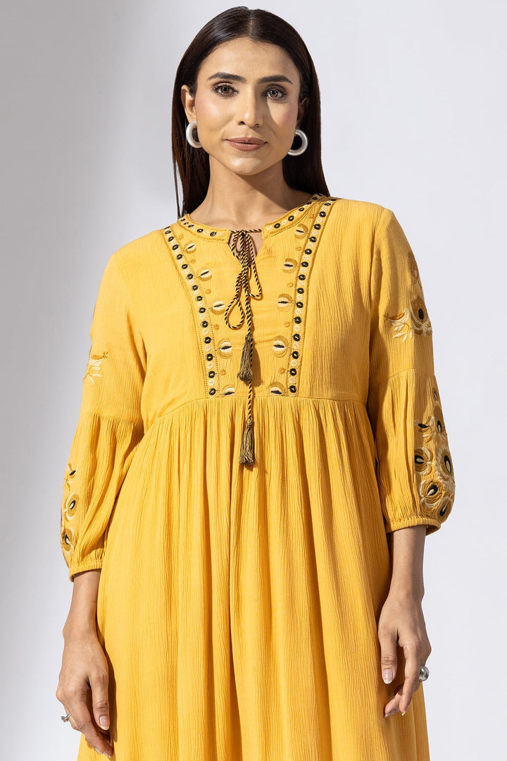 Mustard Embroidered Viscose Casual Dress with Round Neck