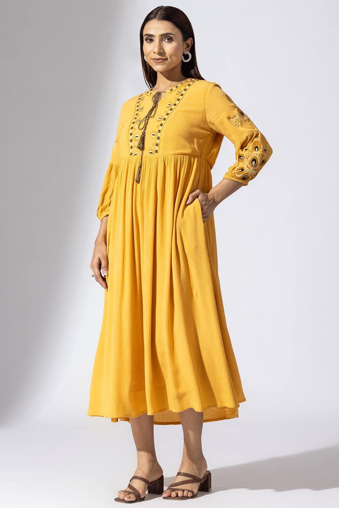 Mustard Embroidered Viscose Casual Dress with Round Neck